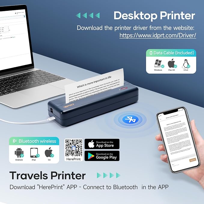 iDPRT MT890 Portable Wireless Printer with 5 Roll Paper