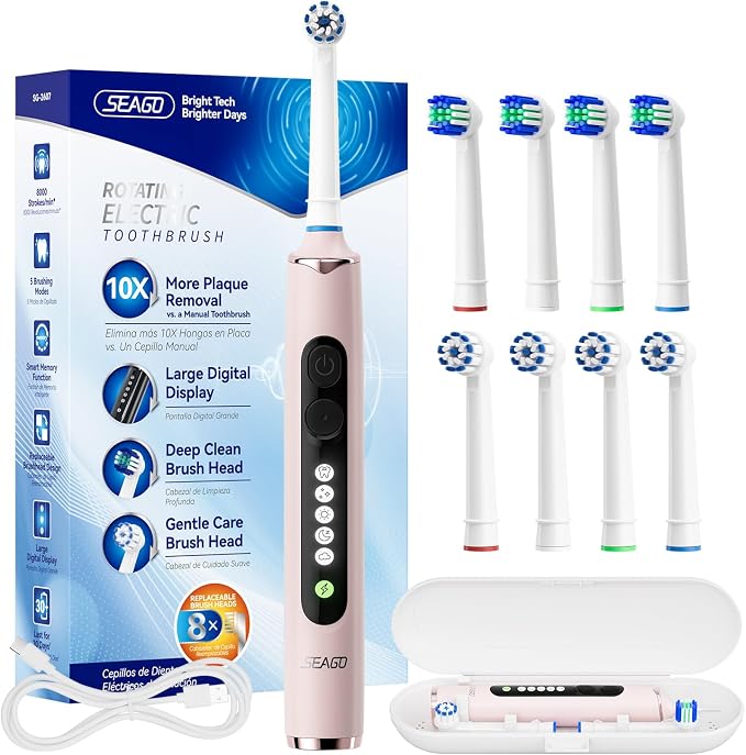 SEAGO Rotating Electric Toothbrush for Adults - 8 Replacement Heads (4 Soft/4 Hard), IPX7 Waterproof, 5 Modes with Memory Function, 2-Minute Timer, USB Type-C Rechargeable (SG-2607-Pink