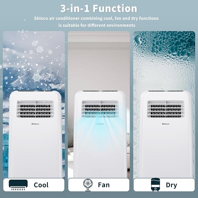 Shinco 8,000 BTU Portable Air Conditioner - 3-in-1 Cool/Dehumidifier/Fan for Rooms Up to 350 sq.ft, Remote Control & 24H Timer, Compact AC Unit for Bedroom/Office