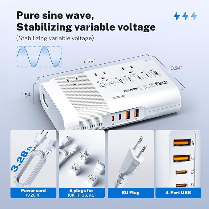 DOACE 500W Travel Adapter Voltage Converter, 220V to 110V Pure Sine Wave Step-Down Transformer for Europe UK AU Travel, for Hair Straighteners, Cameras & Devices