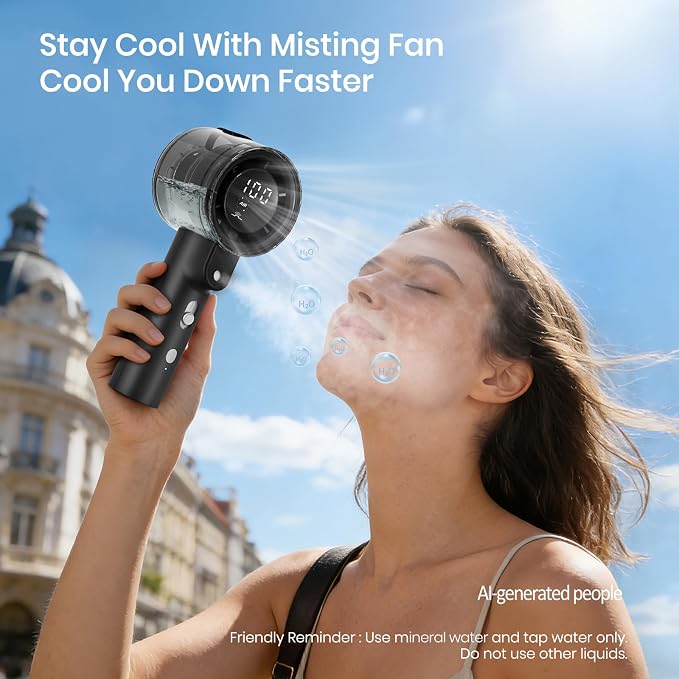 Handheld Misting Fan, 14000 RPM 4000mAh Rechargeable 50ml Tank, 2 Mist Modes Digital Display, Ultra Quiet 38dB USB C Portable Spray Fan for Outdoor Hiking Travel Office Beach Camping
