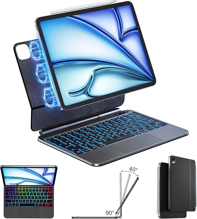 WIWU for iPad Case with Keyboard Air 11 inch (M4 2026/ M3 2025/ M2 2024),Pro 11 inch iPad Keyboard with Trackpad Easy Set Floating Stand 7 Colors Backlight (Air 6/5/4 Pro 11" 4/3/2/1 Gen)