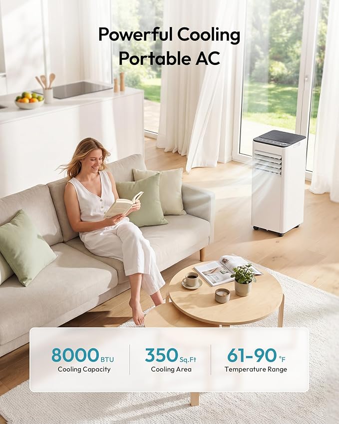 EUHOMY 8,000 BTU Portable Air Conditioners, 4-in-1 Portable AC Unit Cools Up to 350 Sq.Ft, with Cool, Fan, Dehumidifier, Sleep Modes, 50 dB, 24H Timer, Remote Control, Installation Kit for Bedroom