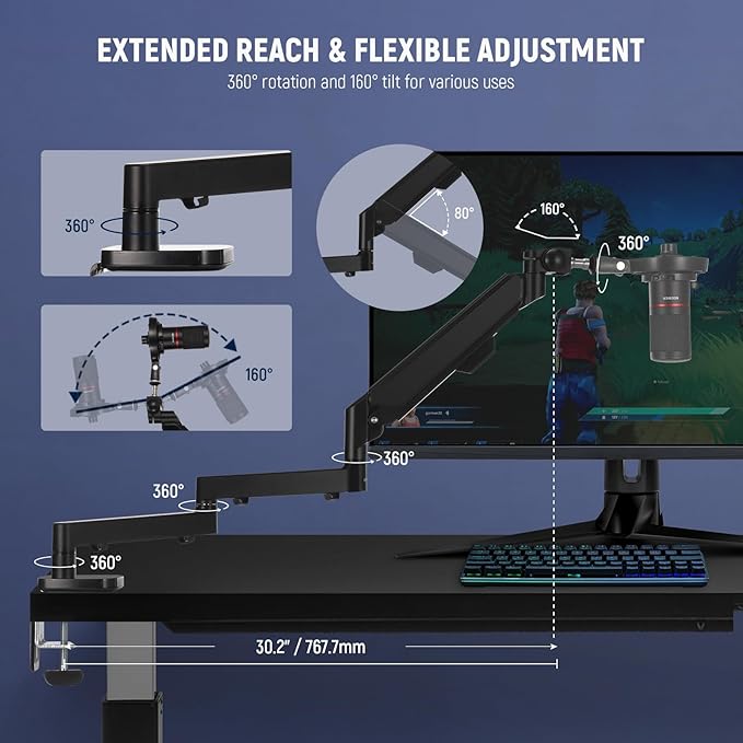 NEEWER MS002 Low Profile Desk Mic Boom Arm Stand with 360° Swivel Adjustable Pneumatic Damping Cable Management Cleaning Cloth, Desktop Mount Holder Compatible with Shure MV7 SM7B Blue Yeti Microphone