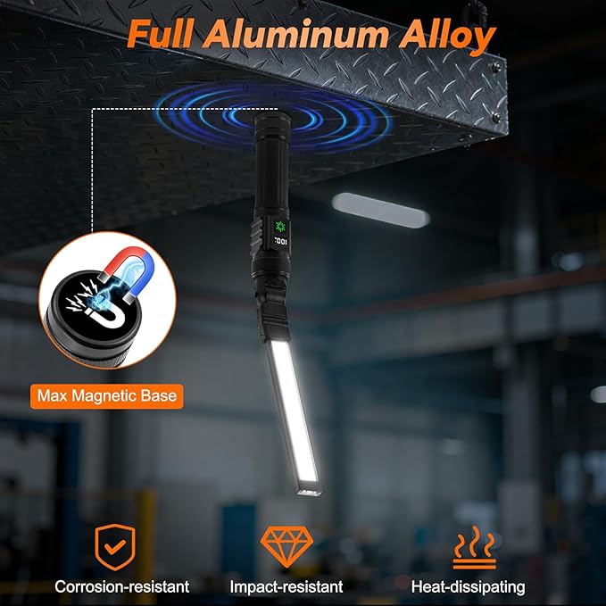 4Pack Magnetic Rechargeable LED Work Light/Flashlight for Mechanics | All Aluminum, 1500 High Lumens, Digital Display, 7 Modes, 360° Rotation, for Car Repairing, Emergency, Gifts for Father