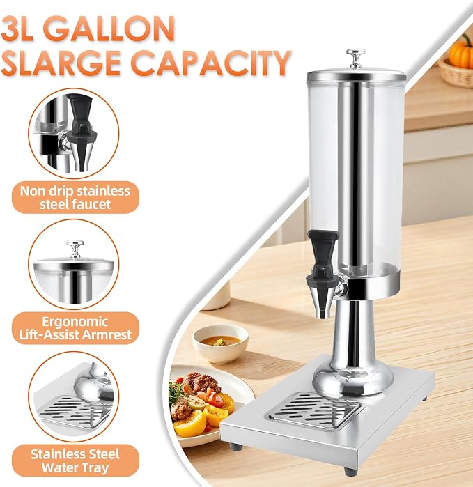 Hot and Cold Beverage Dispenser with Stand, 0.79 Gallon All-in-One Commercial Drink Dispenser with Ice Core&Stainless Steel Drip Trays for Parties, Beer Bar, Coffee (1 HEAD-0.79 GAL, SILVER)