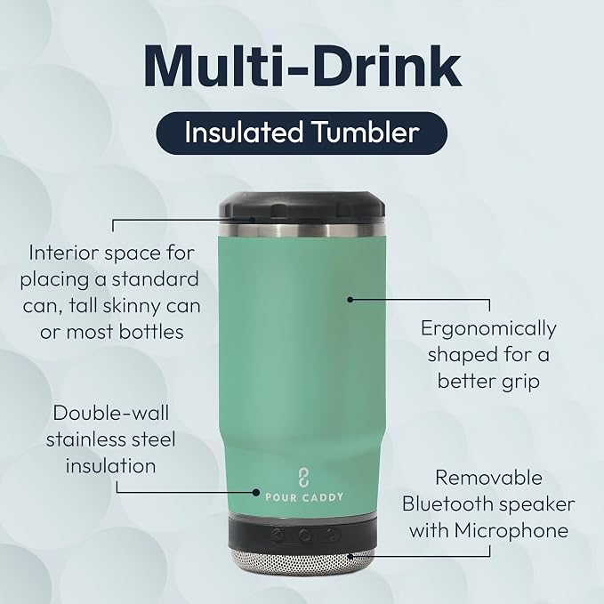 Vibe 4 In 1 Bluetooth Speaker Cup, Insulated Can and Bottle Holder for Hot or Cold Drinks, Double Wall Stainless Steel Drinkware, Fits 12 oz Cans or 14 oz Liquid, Seafoam