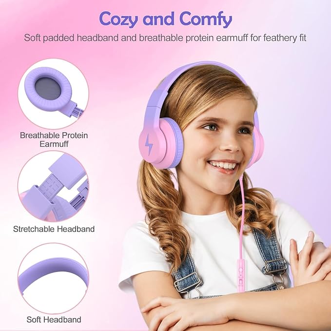 Candy Bila Kids Headphones, Wired Headphones for Kids Over Ear with Microphone, 85/94dB Volume Headphones for Girls Boys, Foldable Headphones for Learning & Entertainment