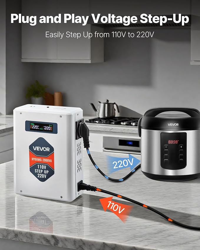 VEVOR Step Up Voltage Converter, 2000VA, Heavy Duty Voltage Power Converter, 110V to 220V Power Transformer, with 2 EU Outlets, USB Output, LCD Display, Temperature Protection, for 220V Appliances