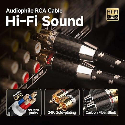TODN Auidophile RCA Cables 10ft 4-Core-OFC Shielded for HiFi Home Audio | Noise Reduction, 24K Gold-plated Plug, Carbon Fiber Shell, RCA Male to RCA Male, Left and Right Channel, For Turntable/CD/Amp