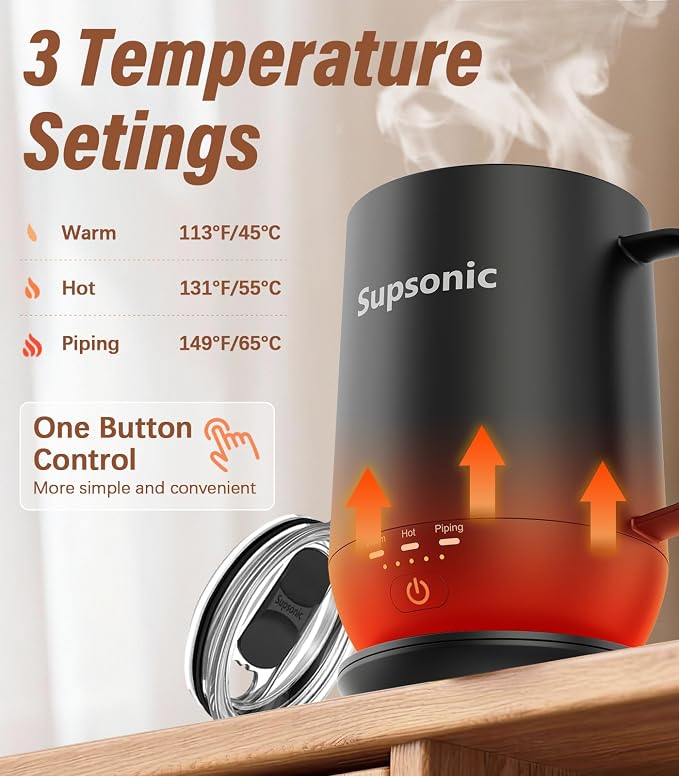 Supsonic - 16oz Self Heating Coffee Mug, Smart Heated Coffee Mug Faster Direct-Contact Heating Up to 149°F, Coffee Mug Warmer Set with Auto Shut-Off - Gifts for Men Women | S2