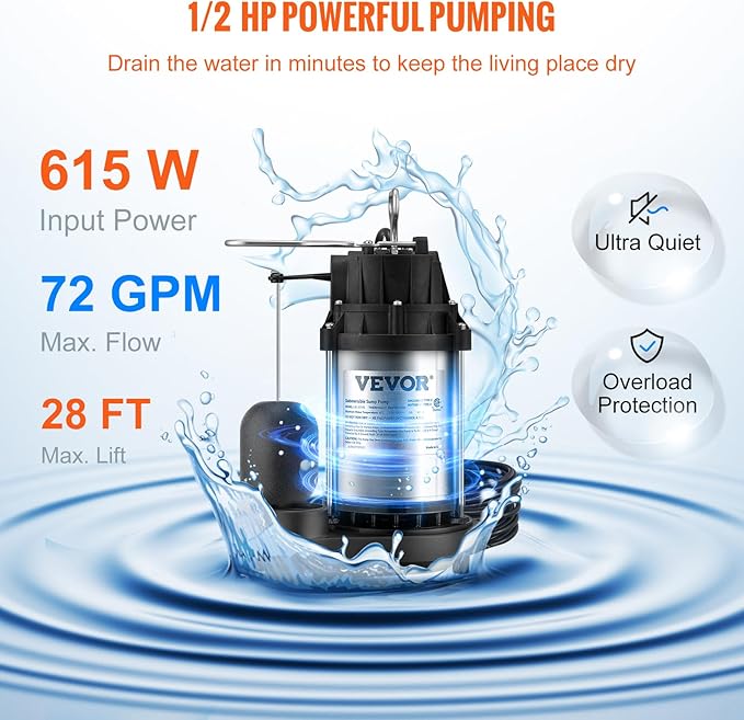 VEVOR 1/2 HP Sump Pump Submersible, Sump Pump with Stainless Steel Surface, 10 ft Power Cord, 1-1/2" NPT Discharge, Automatic Float Switch, for Indoor&Outdoor Water Drain