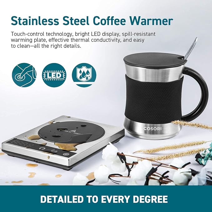 Cosori Coffee Mug Warmer & Mug Set for Desk, Cup Heater, Office, 1°F Precise Temperature Control, Touch Tech & LCD Digital Display (77-194℉), 304 Stainless Steel, Silver/Black