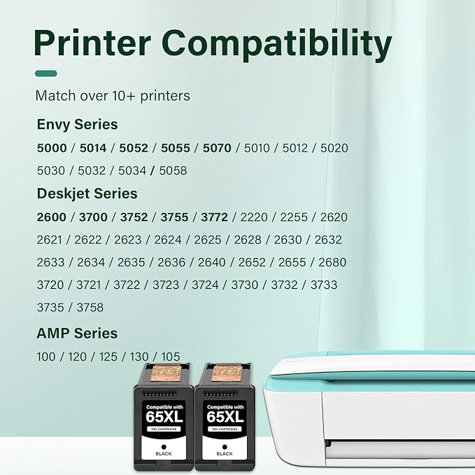 65XL 65 XL 3755 5055 Black Ink Cartridges for HP Printers Replacement for HP65XL for Envy 5055 5052 5000 5070 5014 DeskJet 3755 3772 3700 3752 2600 2622 Printer (2 Pack Black)