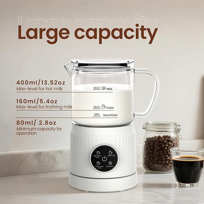Casimhu 4-in-1 Milk Frother, Electric Milk Frother and Steamer with LED Touch Screen, Ceramic Lining Bottom, Milk Warmer 13.52oz for Lattes, Cappuccinos, and Macchiatos at Home (Cream White)