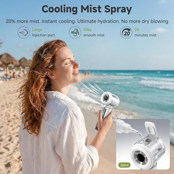 COKUNST Handheld Fan with Mist Spray & 1-100 Speed, Toggle Button & LED Digital Display, 3000mAh USB Rechargeable, 16000 RPM Turbo Mini Fan for Travel Outdoor Camping Makeup Home Office – White