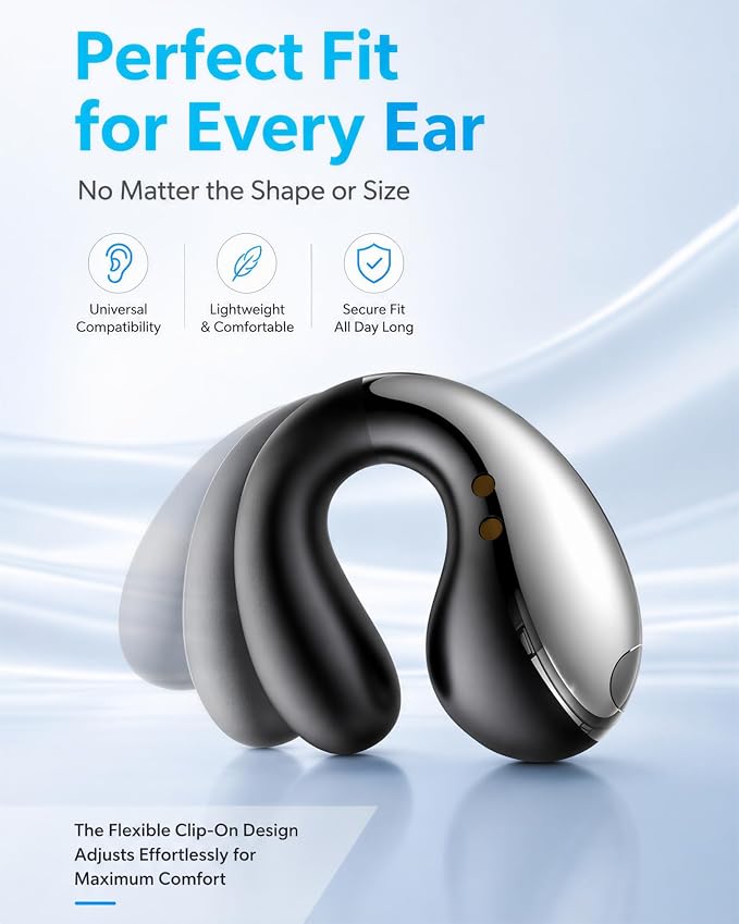 Boytond Ultra Open Ear Earbuds - Comfortable Clip-On Bone Conduction Earbuds, Over-The-Ear Open Headphones with Waterproof Build for Running, Gym Workouts, and Outdoor Sports, Lustre Black