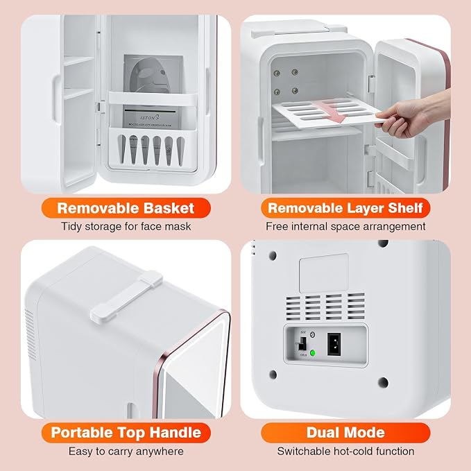 YLFU Mini Fridge for Bedroom, 6L Skincare Fridge with LED Mirror for Dorm & Office, Portable Cooler & Warmer Small Compact Refrigerator for Skincare, Makeup and Cosmetics