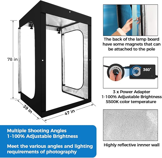 Photo Light Box, Portable 47"x39"x78" Photo Studio Light Box, Shooting Tent Kit with 768 Light Beads and 3 Color Backdrops. Large Lightbox with 6 Stepless Dimming Light Boards for Photography