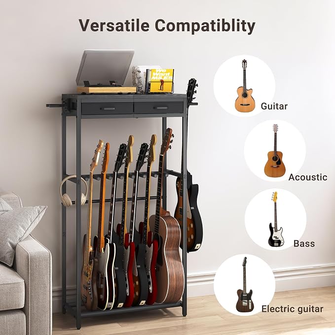 ELYKEN Guitar Stand, Guitar Rack with 2 Hangers and Storage Drawers for Guitar Accessories, Multiple Guitar Holder for Acoustic Electric Guitar, Bass, Ukulele, Instrument, Music Studio, Black