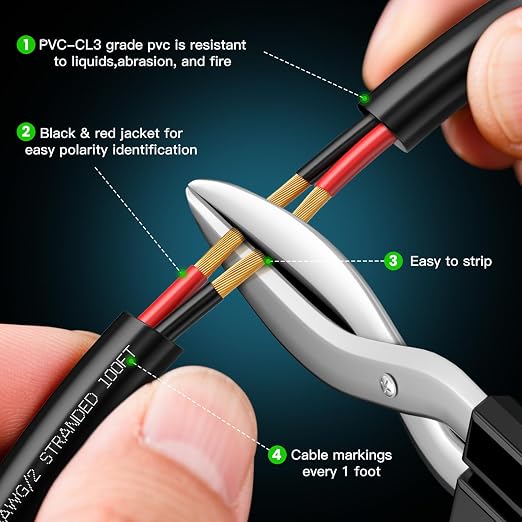 16 Gauge Speaker Wire 100 Feet CL3 Related CCA Black Cable with 2 Conductors for Outdoor Direct Burial Backyard Garden Home Car in-Wall Speaker