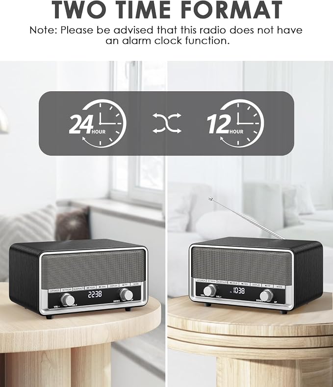 Vintage Wood AM FM Radio with Bluetooth, Retro Bluetooth Speaker Radio with LCD Display | 40 Presets | Sleep Timer | No Alarm for Office,Home, Kitchen (Space Black)