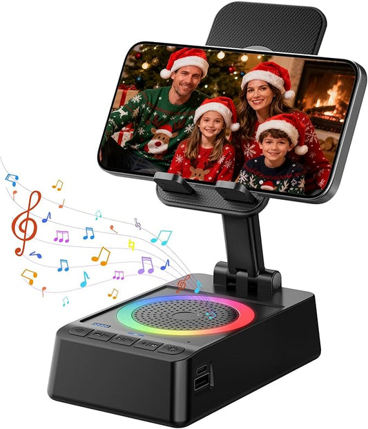Gifts for Men Women, Cell Phone Stand with Wireless Bluetooth Speaker and Colorful LED Lights, Anti-Slip Base HD Surround Sound, Rechargeable (3000mAh), Home and Outdoors Bluetooth Speaker Black