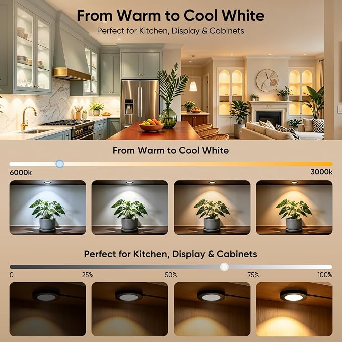 VST Smart Puck Lights, 6 Pack, 3000K-6000K Dimmable Under Cabinet Lighting, Compatible with Alexa & Google Home, App & Remote Control, 12V 2W, Recessed/Surface Mount, Black for Kitchen Display Case
