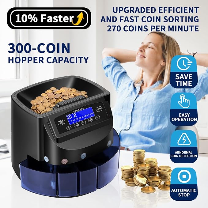 Coin Counter and USD Coin Sorter with LCD Display, Automatic Change Counter for 1￠ 5￠ 10￠ 25￠ $1, 270 Coins/min, 300-Coin Capacity, Coin Sorter and Wrapper Machine for Fast & Accurate Sorting