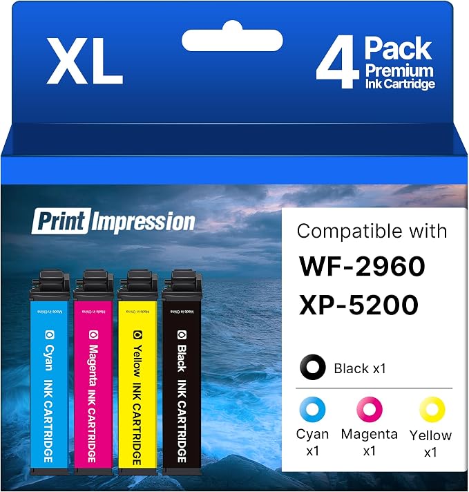 Remanufactured Ink Cartridge Replacement for Epson 222XL Ink Cartridges Combo Pack Use for WF-2960 XP-5200 Printer (4 Pack, Black/Cyan/Magenta/Yellow)