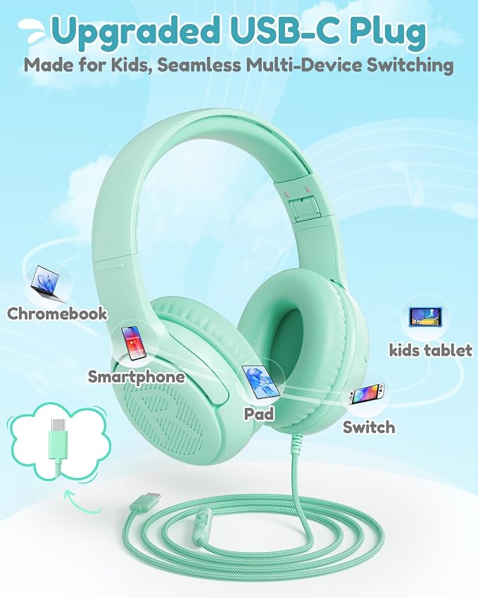 awatrue USB-C Kids Headphones with Mic - 85/94dB Volume Limiter, Foldable Wired Toddler Headphones for Boys & Girls, Over-Ear Type-C Kid Headphones for School, Travel, lPad, Tablet & Smartphones
