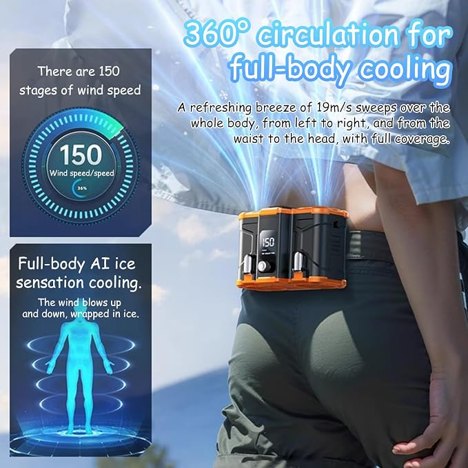 Detachable Battery 150 Adjustable Waist Fan Super Strong Wind | USB Charging & Reverse Charging Hiking Commute/School Lighting Hands-Free Quiet Operation