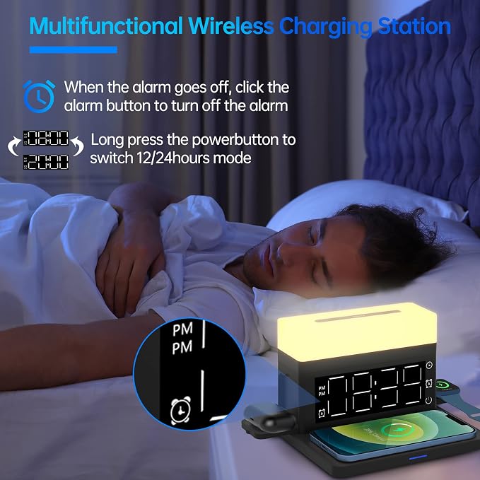 Wireless Charger,6 in 1 Wireless Charging Station with Digital Alarm Clock & Night Light,15W Fast Charger Compatible with iPhone 14/13/12/11/XS Samsung Galaxy AirPods & Apple Watch (Black)