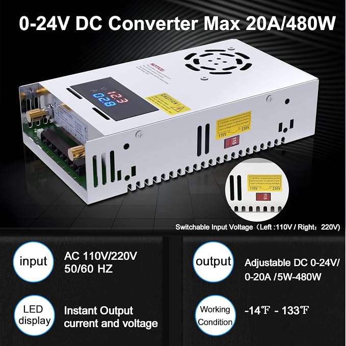 IMAYCC Adjustable Power Supply with LED Display - 110V AC to 24V DC Converter 480W 20A