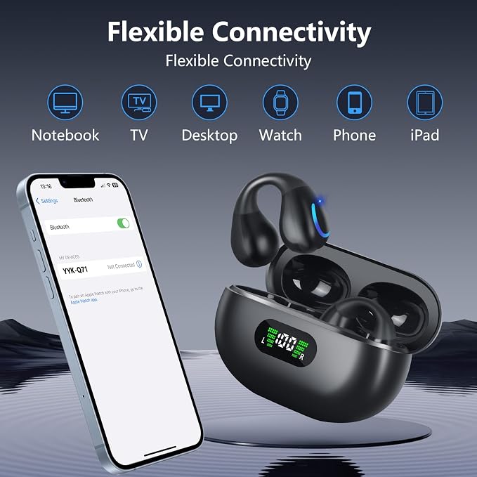 Ultra Open Ear Headphones Bluetooth 5.3 Wireless Bone Conduction Clip On Earbuds with Digital Display Charging Case 60 Hours Playtime Sport Earphones IPX7 Waterproof for Running Fitness Black