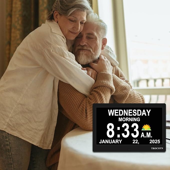 TROCOTN Dementia Clocks, Large Display Calendar Alarm Clock with Auto DST for Seniors, 5 Display Modes Large Font Digital Clock with Custom Alarms Day Date Clocks. (10 Inch Black)