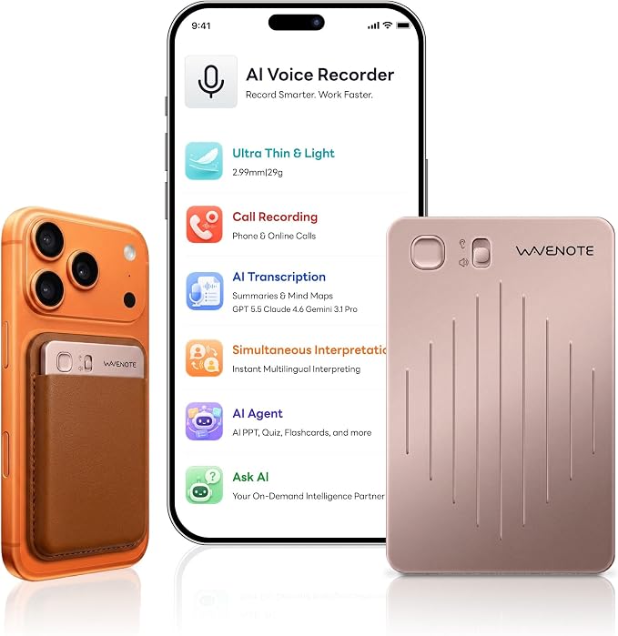 WaveNote AI Voice Recorder, Transcribe & Summarize Recorder, 42 Hours Continuous Recording, Support 112 Languages, 64GB AI Recorder for Meetings, Lectures, Calls,Multi-Speaker Voice Recognition