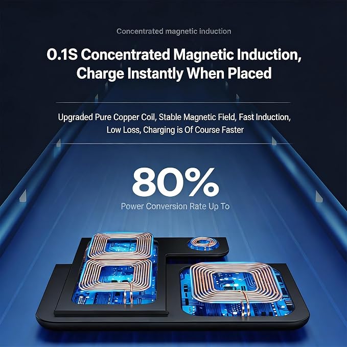 3-in-1 Foldable Wireless Charger with Night Light - 15W Fast Wireless Charger for Simultaneous Charging of Phone, Watch & Earbuds, Compatible with All Qi-Certified Devices,X455 Black.