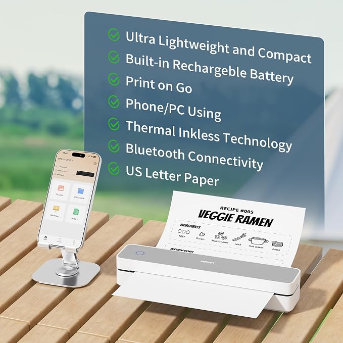 HPRT Inkless Portable Printer Wireless for Travel,Thermal Printer Supports 8.5" x 11" US Letter&A4&A5,Compatible with iOS,Android, Laptop, MT610 Pro,300 DPI,White