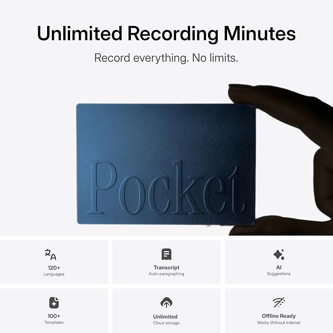 Pocket AI Voice Recorder & Smart Assistant – Auto Transcription, Summaries & Action Items – AI Note Taker for Meetings, Calls & Productivity - Sierra Blue