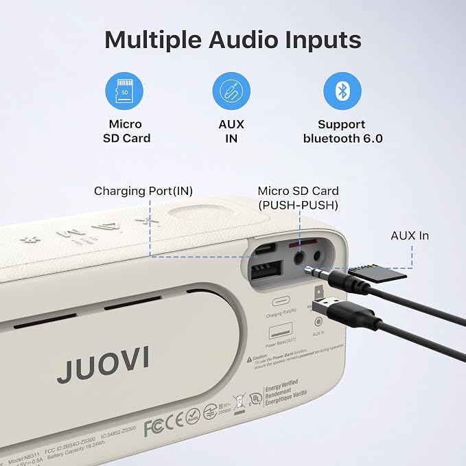 JUOVI Bluetooth Speaker,20W Stereo Sound,Wireless Speaker with Bluetooth 6.0,24H Playtime,IP68 Waterproof Shower Speaker,TWS Pairing, Support TF Card,AUX 3.5mm Input,Speaker for Home,Outdoor,Travel