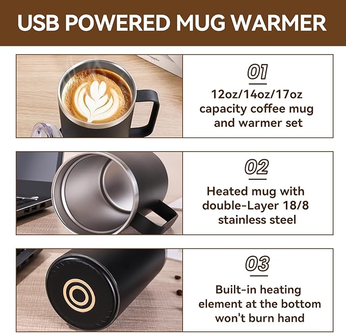 Coffee Warmer Mug Set for Desk, Self Heating Coffee Cup with Lid, USB Electric Coffee Mug with Temperature Control(Black-14oz)