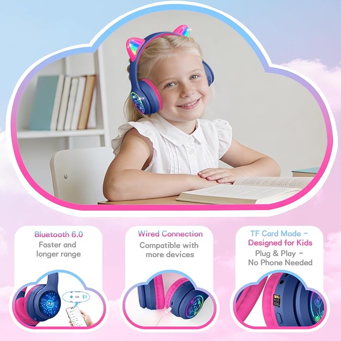 IFECCO Kids Wireless Headphones with Case - Cute LED Light Up Cat Ear,50H Playtime,Safe Volume Limited,Bluetooth 6.0 Kids Girls Headphones for School iPad Tablet Gifts