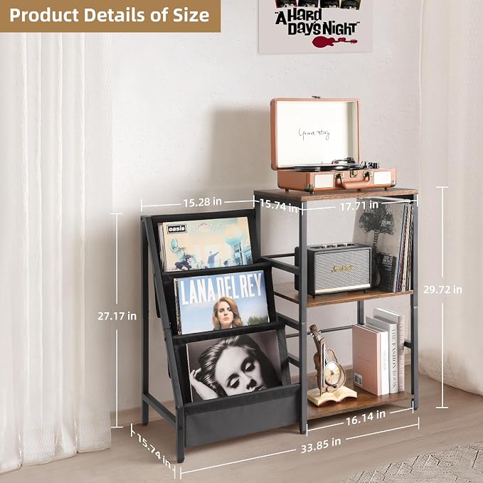 Bikoney Record Player Stand, Turntable Stand with 3-Tier Vinyl Record Storage, Record Player Table Holds Up to 200 Albums, End Table for Vinyl Records, Vinyl Record Holder Cabinet for Living Room