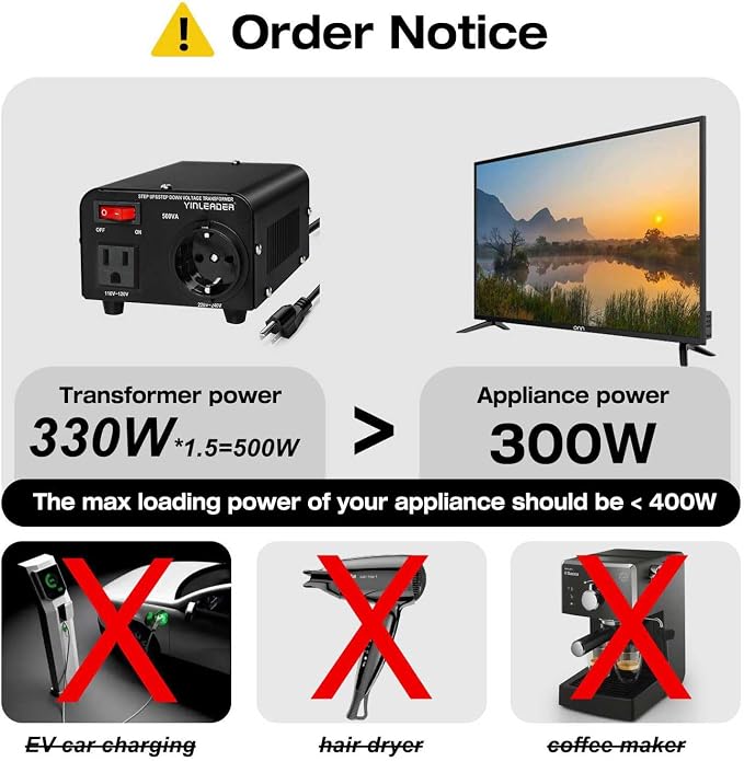 Yinleader 110v to 220v European Voltage Converter Transformer 500W Step Up Converter 110/120 Volt to 220/230/240 Volt or Step Down 220 to 110,[110V US Power Cord Included Only, No 220V Cord]