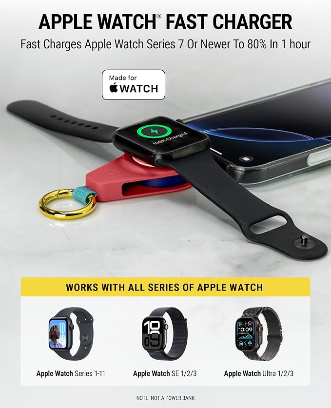 Scosche WatchIt Keychain Magnetic Charger for Apple Watch, Fast Charging USB-C Plug-In (No Battery), Portable Travel Charger for Series 11/10/9/8/7/6/5/4, Ultra 3/2, SE3/SE2/SE & AirPods, Sunset Coral