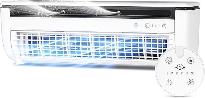 IceBox Cooling Mist Fan, Small Portable Fan with Evaporative Humidifier, For Desk or Wall Mount, 3 Speeds, 8.8oz/260ml Tank, Battery or USB-C Operation, Remote, USB-C Cable, IBCF200W, White/Gray