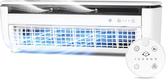 IceBox Cooling Mist Fan, Small Portable Fan with Evaporative Humidifier, For Desk or Wall Mount, 3 Speeds, 8.8oz/260ml Tank, Battery or USB-C Operation, Remote, USB-C Cable, IBCF200W, White/Gray