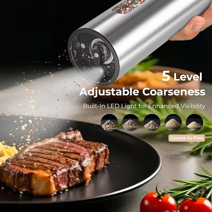 Electric Salt And Pepper Grinder Set, Rechargeable Dual Charging Base, Automatic Refillable Pepper Mills, with 110ml Large Capacity, Adjustable Coarseness & LED Light, Ideal for Kitchen, Outdoor & BBQ