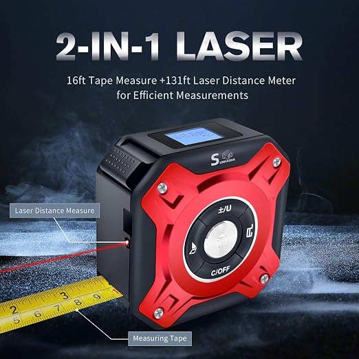 2 in 1 Laser Tape Measure with Level | 131ft/40M Laser Distance Meter Display On Backlit LCD Screen with 16ft/5m AutoLock Measuring Tape | Ft/Inch/Fractions/M/mm (Red 2in1 Laser)